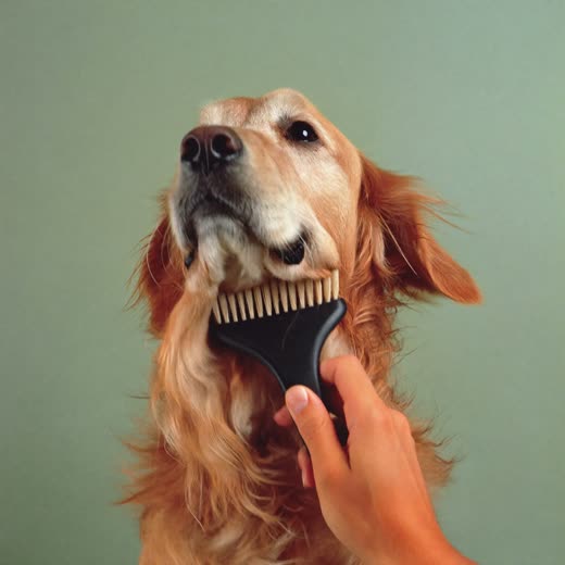 A golden retriever being brushed out